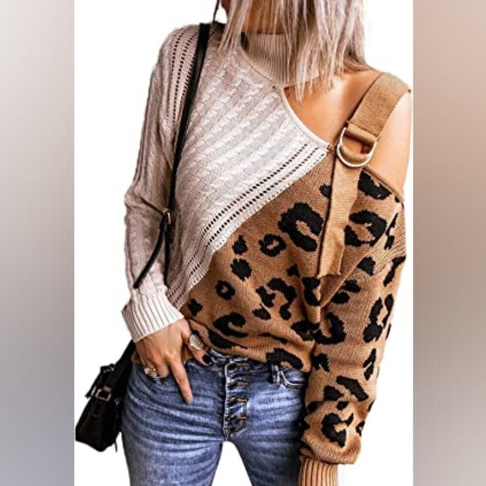 New Womens Turtleneck Cold‎ Shoulder Leopard Print Patchwork Sweater XL